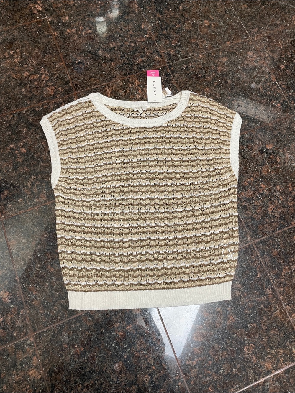 LK Bennett Cream and Tan Striped Knit Sleeveless Top